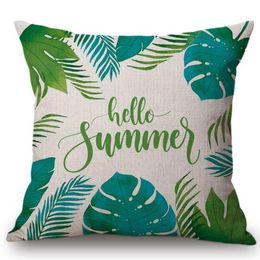 18" Hello Summer Letter Watercolor Tropical Plant Leaf Home Decorative Sofa Throw Pillow Case Green Pastoral Chair Cushion Cover Cushion/Dec