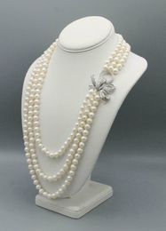 Hand knotted 7-8mm white freshwater pearl necklace micro inlay zircon bow clasp fashion Jewellery