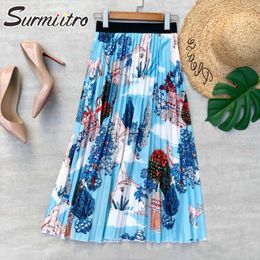 SURMIITRO Fashion Summer Midi Long Pleated Skirt Women Korean Style Painting Mid-Length High Waist A Line Skirt Female 210712