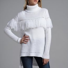 Women's Turtlenecks Winter Sweater Long pullover female fashion slim side slit white sweaters women knitted Tassel clothes 210521