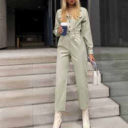 Sollinarry High street buttons lace up women jumpsuits autumn Streetwear pocket long sleeves overall Female solid jumpsuit 210709