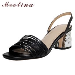 Meotina Genuine Leather High Heel Sandals Narrow Band Women Shoes Round Toe Thick Heels Female Sandals Summer Black Large Size 9 210608