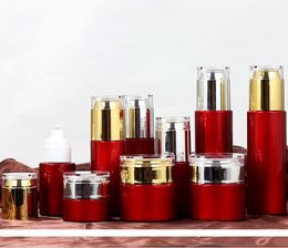 Red Glass Jar Cream Bottles Round Cosmetic Hand Face Spray Pump Bottle Jars with Gold/Silver Acrylic Lid 20g-30g-50g