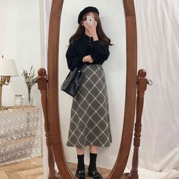 Plus Size Harajuku Long Skirt Korean grey Plaid Women Zipper High Waist School Girl Pleated vintage 210423