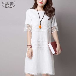 Korean Cotton Hemp Solid Short Sleeve Knee-lenght Women dress Summer Casual Loose Soft White Black A-line Dress 4959 50 210527