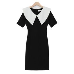Women Sailor Collar Black White Vintage Dress Pencil Knee Length Short Sleeve Elegant D1042 210514