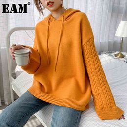 [EAM] Yellow Big Size Knitting Sweater Loose Fit Hooded Long Sleeve Women Pullovers Fashion Autumn Winter 1Y189 21512