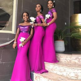 2021 Fuchsia Mermaid Bridesmaid Dresses Off The Shoulder Wedding Guest Dress Sequined Plus Size Black Girl Maid Of Honor Gowns