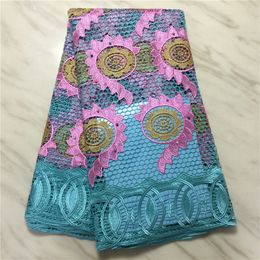 5yards / lote elegante céu azul africano tecido solúvel em tecido e rosa flor bordado francês guipure material pl51761