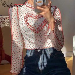 Colysmo Floral Blouse Women Ruffled Flare Sleeve Patchwork Slim Fit Sweet Hollow out Sexy Crop Top Ladies Casual Chic Streetwear 210527