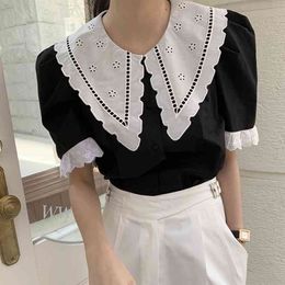 Embroidery Flower Blouse Women Peter Pan Collar Petal Sleeve Shirts Blusa Summer Fashion Casual Female Tops 210520