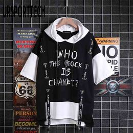 Japanese Style Oversized Harajuku Patchwork Hoodies Men Letters Printed Short Sleeve Hip Hop Hoodie Summer Black Hoody For Men 210728