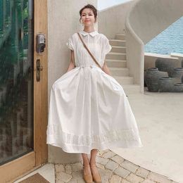 Summer Fashion Elegant Temperament Pure Colour Gentle Wind White Lapel Puff Sleeve Belt Robe Dress 16F1280 210510