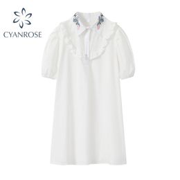 Women Summer Fashion Floral Embroidery White Dress Streetwear Puff Short Sleeve Frcoks Preppy Style Ins Ruffle Vestiods 210515