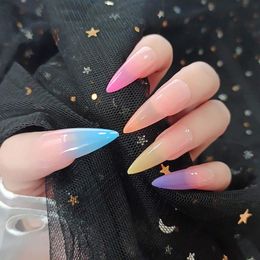 Stiletto Glossy Rainbow Ombre Acrylic Nails Full Cover Press on False Fingernails Summer Party Nail Tips for Women and Girls