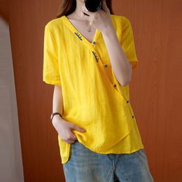 Women Cotton Linen Casual Shirts New Arrival Summer Simple Style Vintage Embroidery V-neck Loose Female Tops S3229 210412