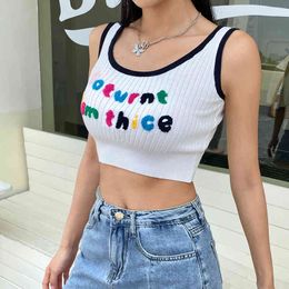 Colourful Letter Embroidery Knit Vest Y2k Crop Top Women Tanks Summer Sleeveless Causal Girls Shirt Female Party Tee Beachwer 210415