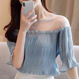 Blusas Mujer De Moda See Through Top Women Sexy Shirt Short Sleeve Summer Blouse Women Chiffon Blouse Shirt Tops Women D06 210426