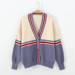 Women Knitted Sweater and Cardigans Low V neck Patchwork Oversized Jacket Cute Purple Blue 210430