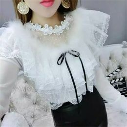 Ladies Clothes Transparent Hollow out Ruffle blouse Lace Tops Sexy Long Sleeve Fashion Real rabbit fur Shirt Women's 182B 210420