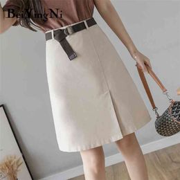 Fashion Skirt Women A Line Mini Lining Casual Vintage Belt Korean High Waist s Female Split Bottoms 210506