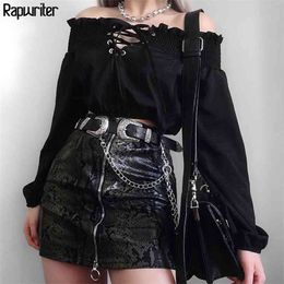 Gothic Off Shoulder Black Ruffled Blouse Women Spring Cross Lace Up Hollow Out Long Lantern Sleeve Chic Tops 210510