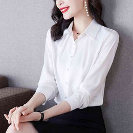 Spring Fashion Button Up Satin Silk Shirt Vintage Blouse Women White Lady Long Sleeves Female Loose Street Shirts 300F 210420