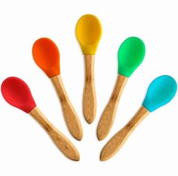 Baby Spoon Silicone Cutlery Infant Auxiliary Cutlery-Boys Wooden Handle Kids Training Spoons Home Dinnerware Kitchen AccessoriesSN5762