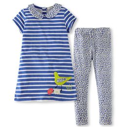 Jumping Metres Girls Summer Clothes Sets Toddler Brand Girl Birds Stripe Outfit Dress+Legging Applique Children suits 210529