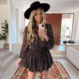 Leopard Print Black Long Sleeve Dress Women O Neck Winter Basic A-line Dress Vintage Chiffon Short Dress Vestidos 210415