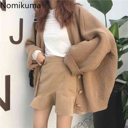 Nomikuma Korean Chic Sweater Women V Neck Long Sleeve Knitted Tops Single Breasted Casual Loose Harajuku Cardigan Female 3d274 210514