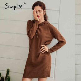 winter hooded dresses women short knitwear autumn basic solid casual knitted sweater dress vestidos 210414