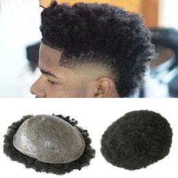 Thin Skin 6MM Man Afro Curly Hair Unit Black Mens Kinky Curl Male Toupee Human Hairs Wigs Curlys PU Full Machine Made