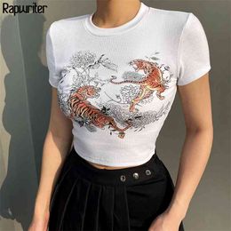 Casual Ribbed Tiger Printed Crop White T-Shirt Girl Summer Women Streetwear Short Sleeve Stretch Tee Top Femme 210510