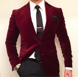 Trajes para Blazers Vino Vino rojo Terciopelo con pantalón negro Hombre Boda 2021 Masculino personalizado Terno Terno Men 2pcs (chaqueta + pantalones)