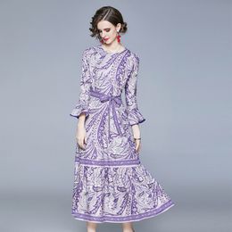 Women Elegant O Neck Chiffon Dress Event Party Robe Maxi Dress Spring Purple Floral Print Flare Long Sleeve Vestios 210514