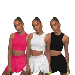 New Summer Women Two Piece Dress Black Tank Top+mini Skirt Solid Colour 2pcs Plus Size S-2XL Outfits Tracksuits Fitness Clothing Sleeveless T-shirt Miniskirt