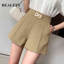 Summer Formal Women's Shorts Metal Decoration Solid Color Wide Leg Korean Style Elegant Casual Trousers 210428