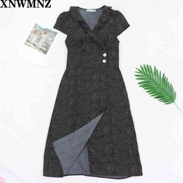 Vintage Black Dot Print vestidos France Wrap Midi Dress Fashion Side Buttons es tied around Waist women 210520