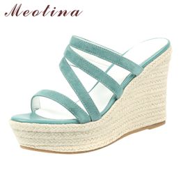 Espadrille Platform Wedges Heels Slippers Narrow Band Women Shoes Kid Suede Summer Fashion Sandals Ladies Apricot Blue 210517