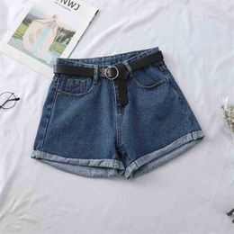 Women High Waist Denim Shorts Summer Wide Leg With Belt Casual Short Pants Female Streetwear Blue Jeans 210525