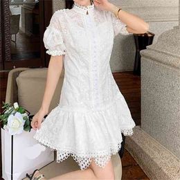 Vintage Style Summer Dresses Woman Short Puff Sleeve White Vestidos Female Elegant Embroidery Single-breasted Party Dress 210603