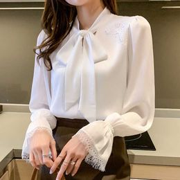 Korean Women Shirts Chiffon Blouses Woman Lace Embroidery Flare Sleeve Tops White Blouse Plus Size 210604