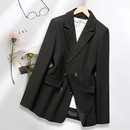 PEONFLY Casual Double Breasted Blazer Women Office Ladies Solid Coat Jacket Long Sleeve Notched Outwear 211006