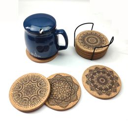 pad home design UK - Mats & Pads Set Creative Nordic Mandala Design Round Shape Cork Coasters Premium Wooden Coffee Cup With Storage Stand Home DecorMats MatsMat