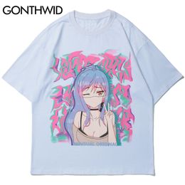 Harajuku Tshirts Anime Japanese Girl Print T-Shirts Mens Hip Hop Casual Hipster Short Sleeve Cotton Loose Tees Tops 210602