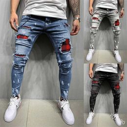 Jeans ricamati trapuntati da uomo Pantaloni skinny strappati con griglia Pantaloni casual slim in denim elasticizzato Pantaloni da jogging patchwork S-3XL 211111