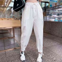 Summer Fashion Women Elastic Waist White Harem Pants all-matched Casual Loose Solid Ankle-length Plus Size S978 210512