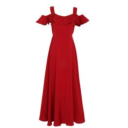 PERHAPS U Red Ruffle Strap Backless Ruffle Maxi Long Dress Solid D0495 210529