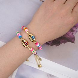 Gold Plated Seashell Pulsera Boho Colorful Devil Eyes Charm Adjustable Polymer Clay Vinyl Heishi Beads Bracelets